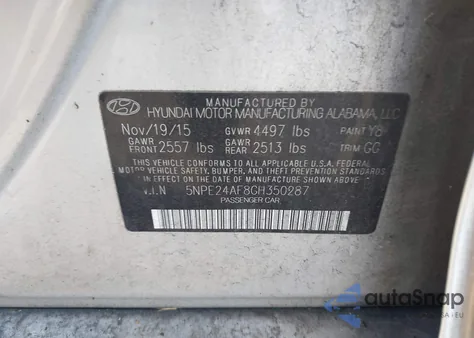 2016 Hyundai Sonata Se z USA, uszkodzony, nr VIN 5NPE24AF8GH350287
